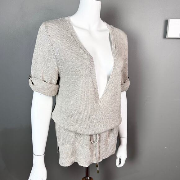 Massimo Dutti sweater Large lightweight linen belted v-neck blouson minimalist - Picture 4 of 14